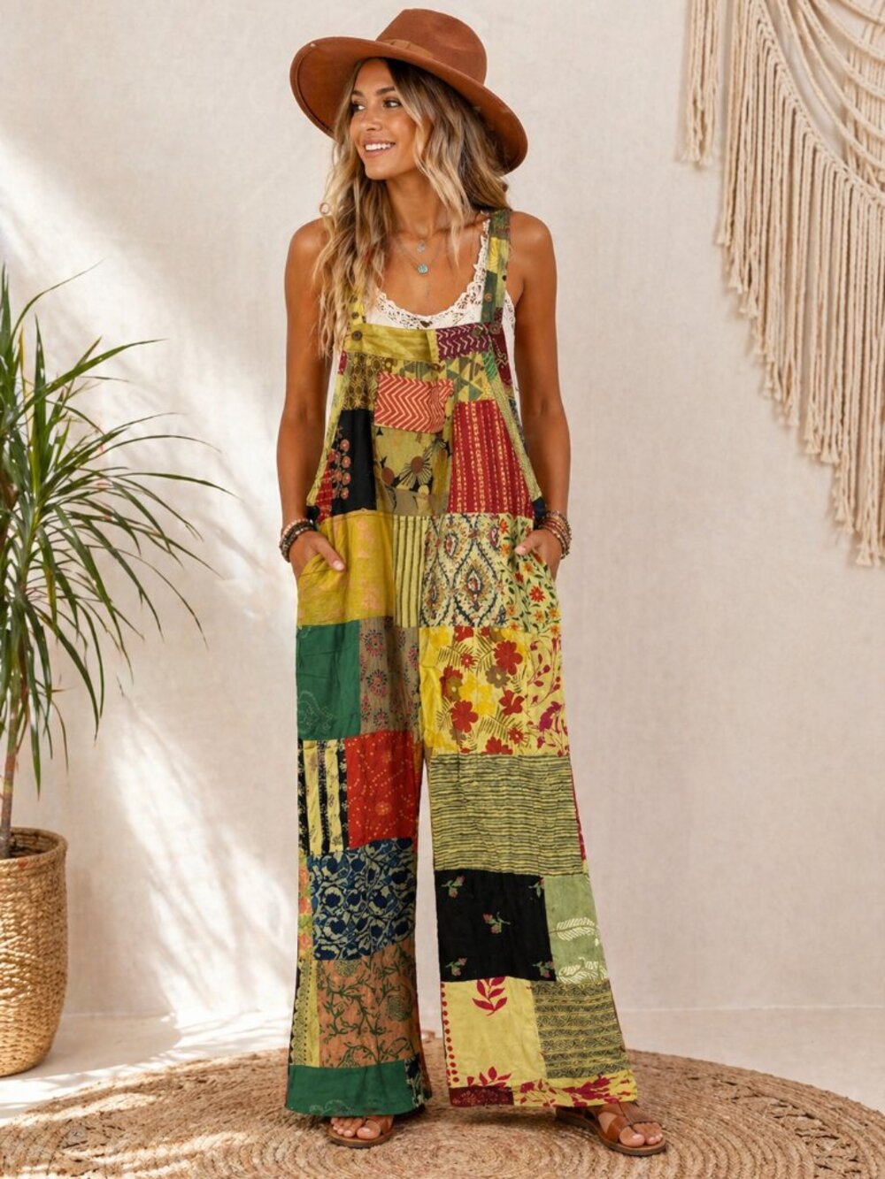 Boho Patchwork Jumpsuit Overalls; One Size
